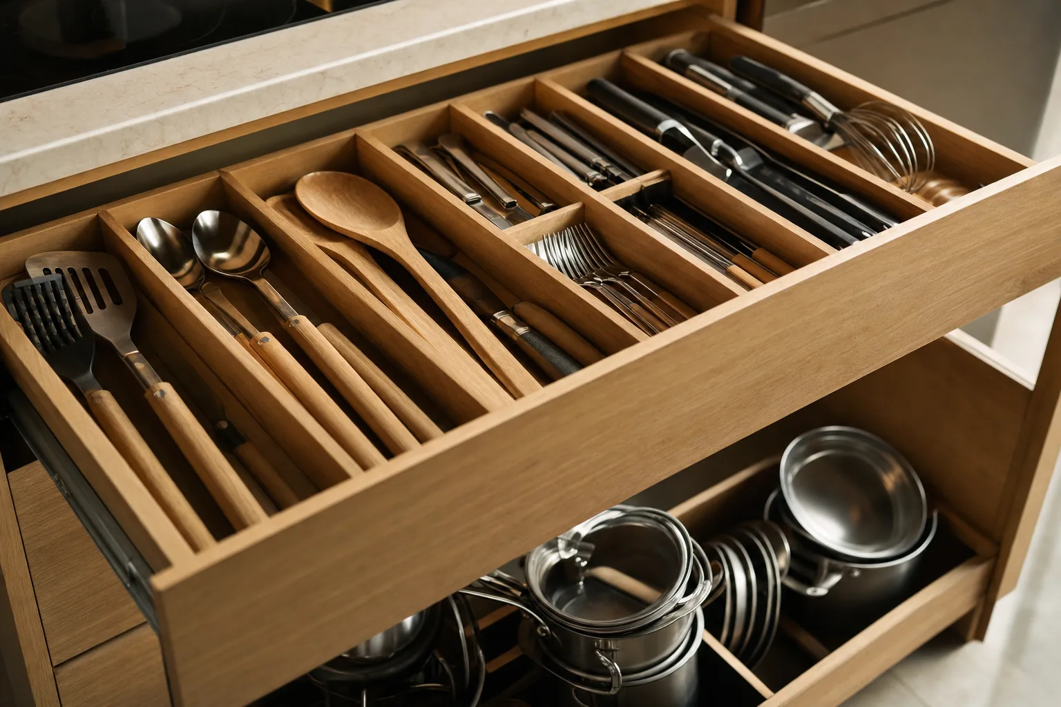 Cajón de cocina con organizadores internos y accesorios en una cocina a medida en Cádiz