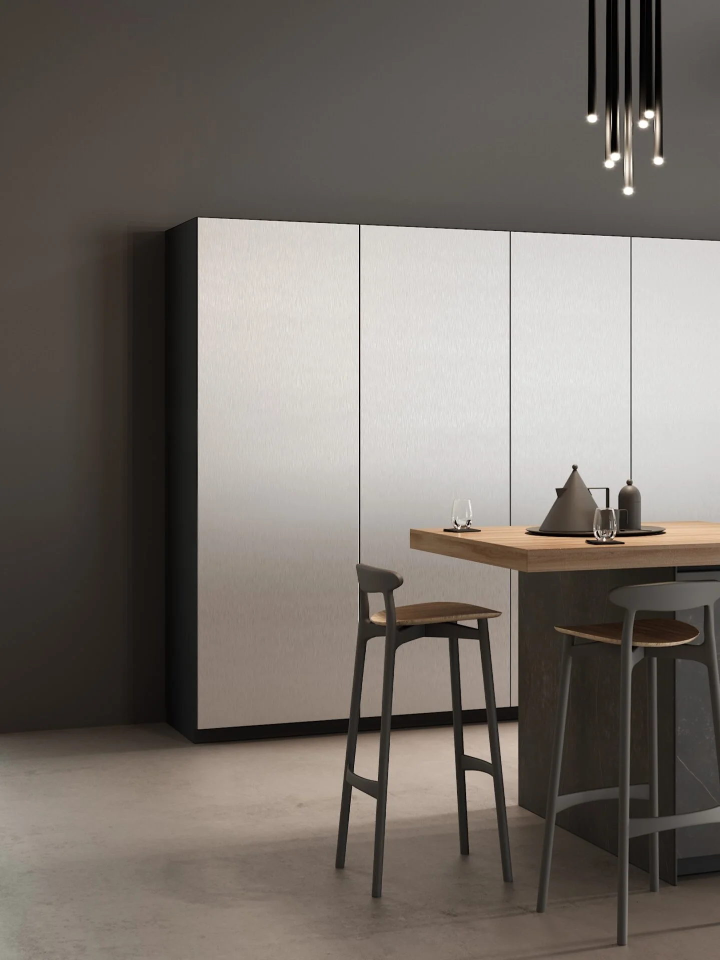 Cocina K1 a medida en Cádiz: piedra, metal y madera con líneas fluidas — Rosso Home Design