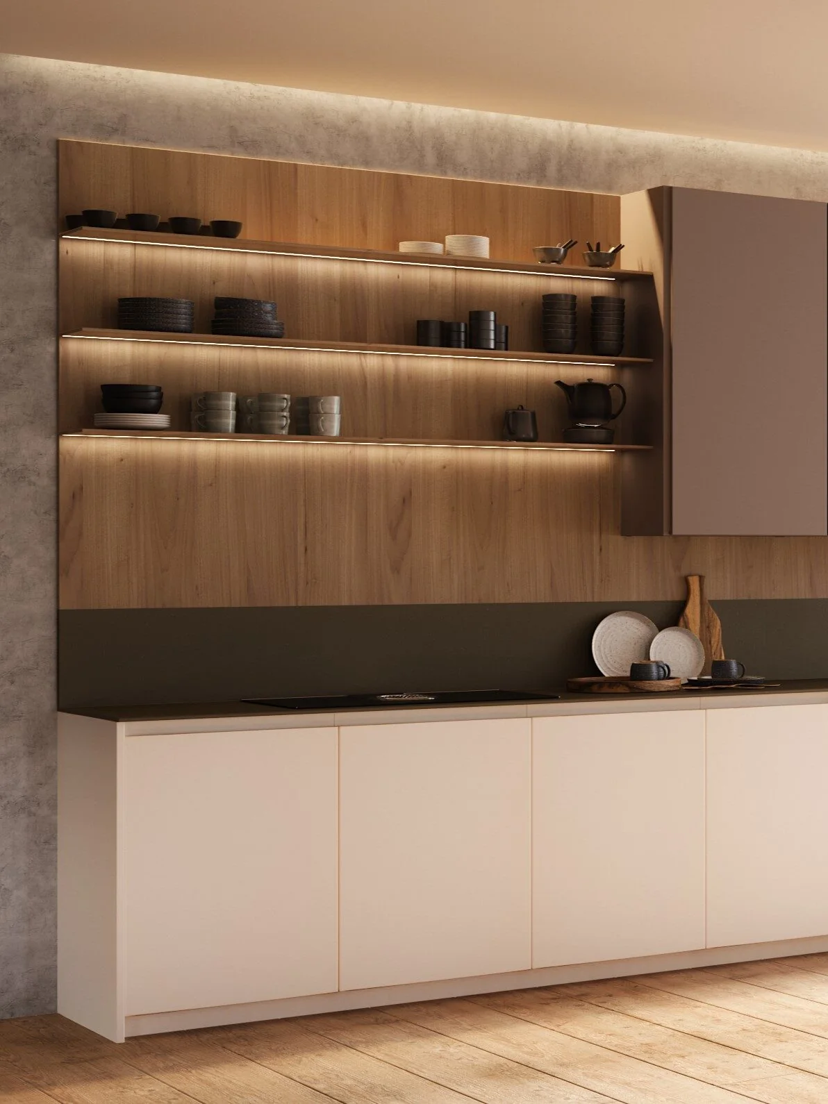 Cocina K3 a medida en Cádiz: diseño lineal con elementos asimétricos — Rosso Home Design